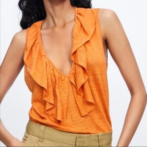 ZARA Women's Sleeveless V Neck Ruffle Linen Top Size S